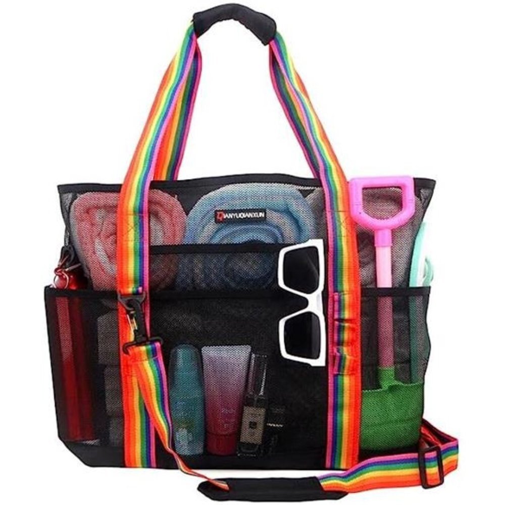 Mesh Beach Bag 40L with 9 Pockets Bag Pool Vacation Travel Picnic Black